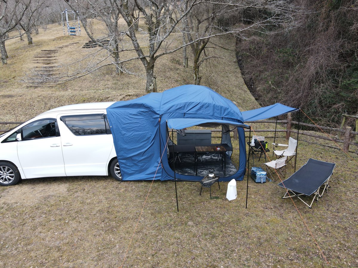 カージョイントテント 空撮・車連結フルセット（タープ・キャンプ設営例）｜車中泊/防災/アウトドア